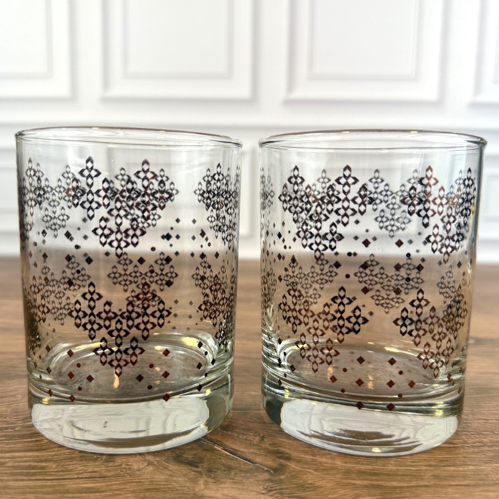 PAIR (2) of Tangiers Real Copper Geometric Tiled Heart 4‎ 1/8" Whiskey Glasses